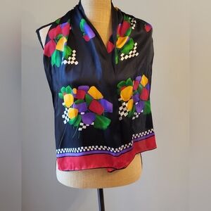 Liz Claiborne Vintage Silk Rectangular Black Scarf With Bright Floral Design